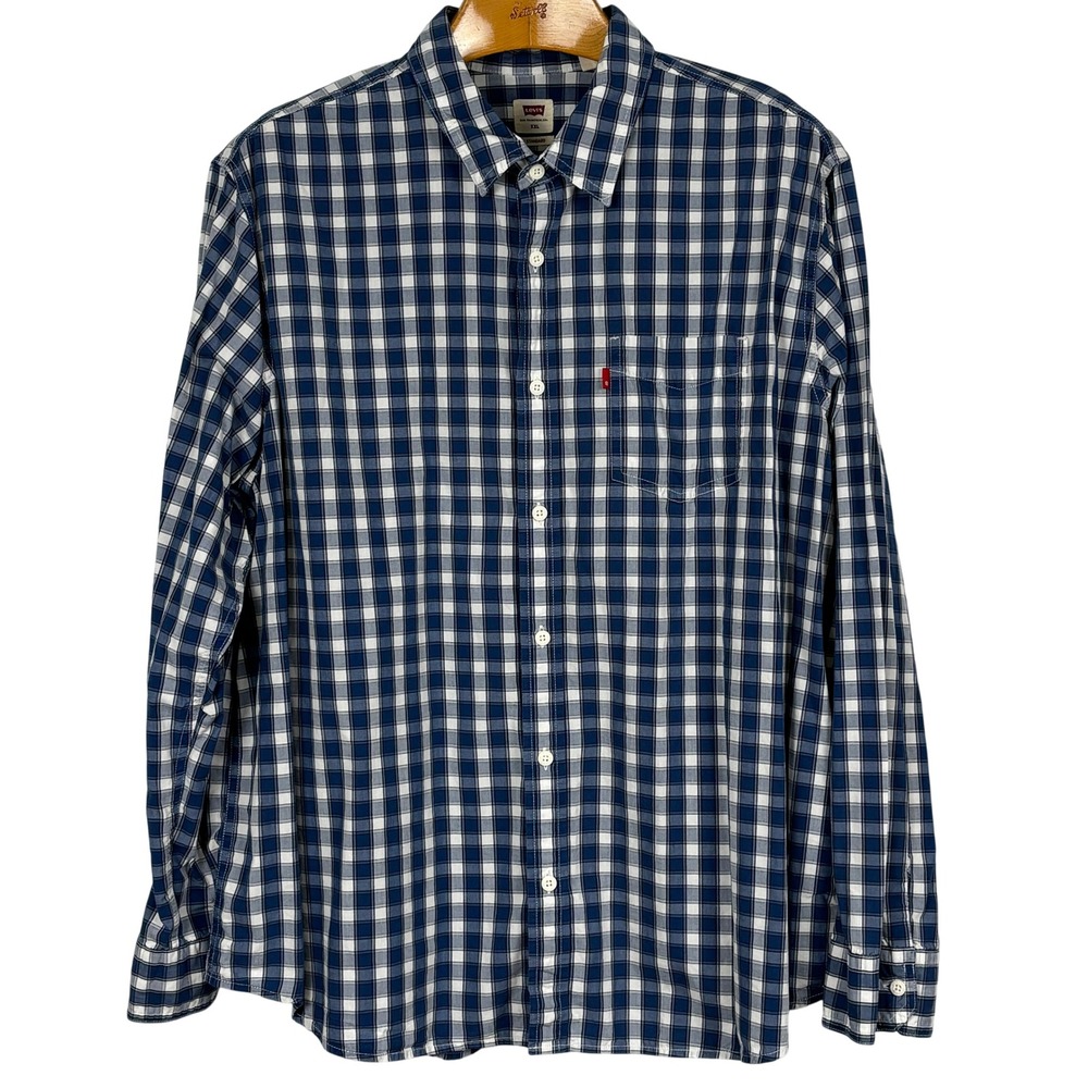 Levi's Mens XXL Blue White Plaid Button Down Shirt Standard Fit Cotton‎